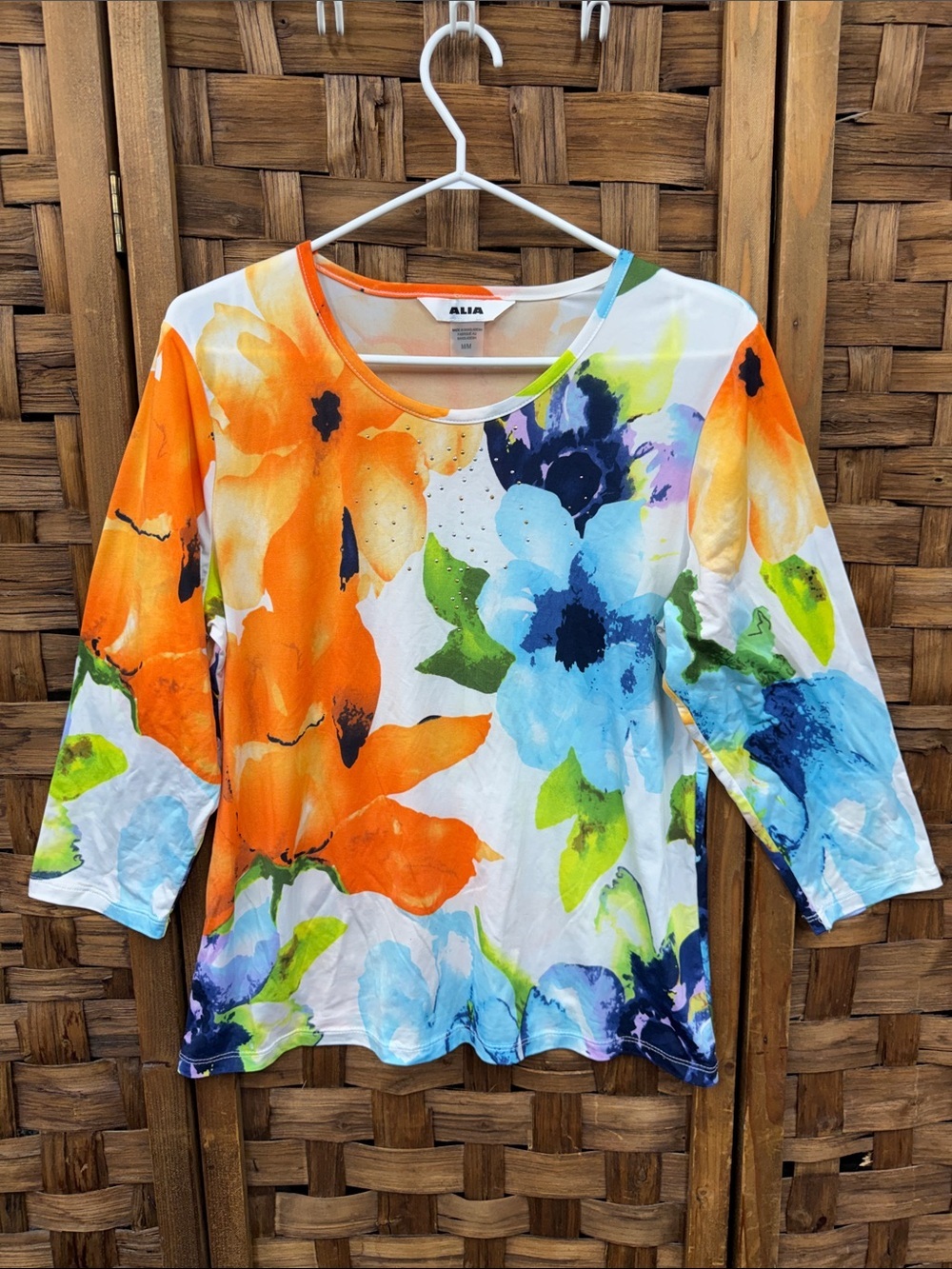 Alia Bright Floral Scoop Neck Top in Orange, Blue & Green